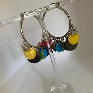 Colorful Boho Hoop Earrings with Butterfly Charms Mixed Disc Dangles 2in